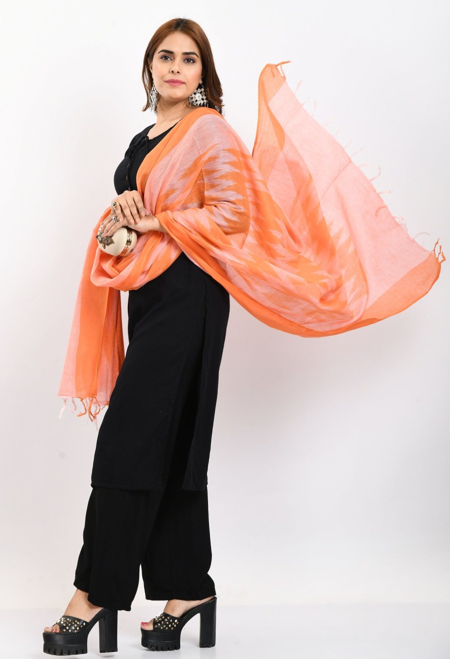 Women Moeza | Women'S Handloom Cotton Ikkat Dupatta - Moeza Orange