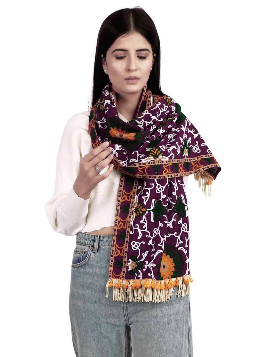 Women MESMORA FASHION | Women'S Heavily Woollen Embroidered Purple Khadi Muffler - Mesmora Fashion