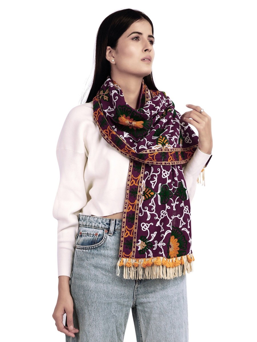 Women MESMORA FASHION | Women'S Heavily Woollen Embroidered Purple Khadi Muffler - Mesmora Fashion