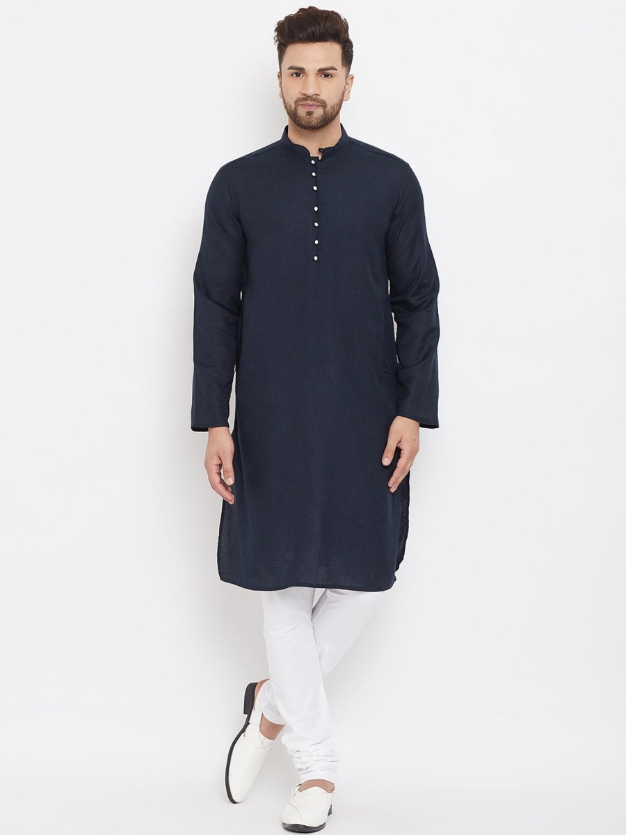 Men Even Apparels | Men'S Pure Cotton Kurta With Band Collar - Even Apparels Blue