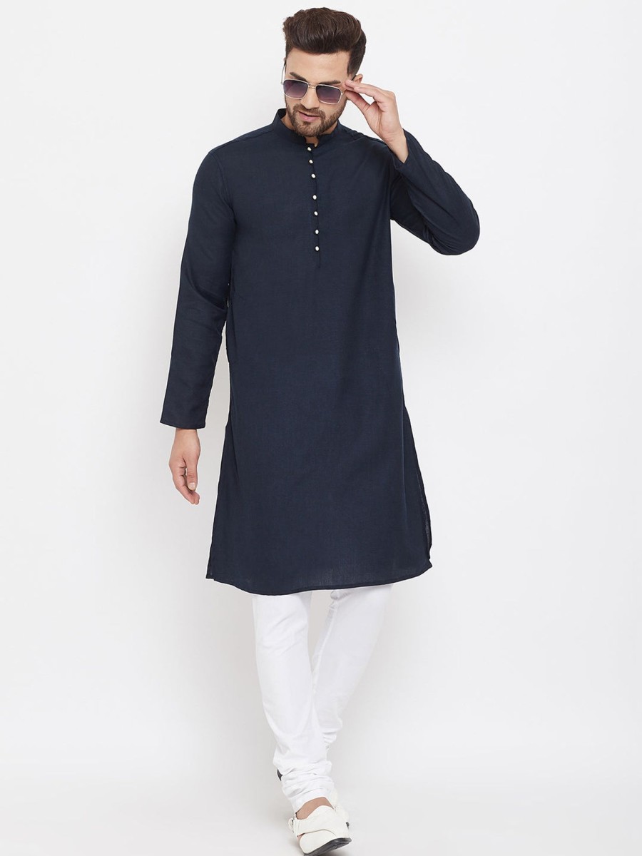 Men Even Apparels | Men'S Pure Cotton Kurta With Band Collar - Even Apparels Blue