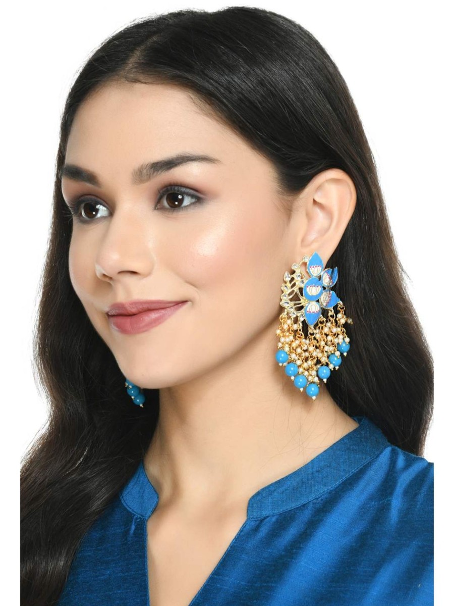 Jewellery Kamal Johar | Johar Kamal Women Gold-Plated Kundan Studded, Meenakari Earrings In Floral Pattern Jker_149