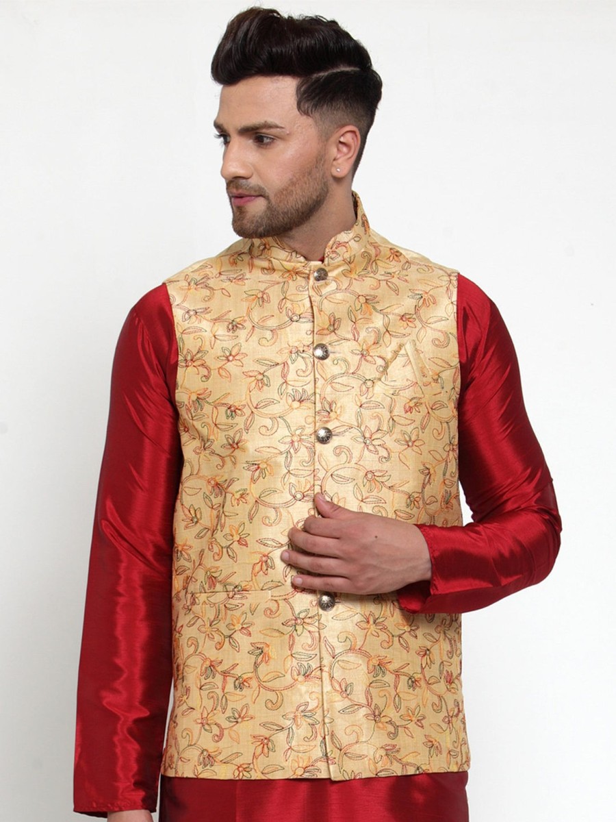 Men Virat Fashions | Men'S Gold Embroidered Nehru Jacket ( Jowc 4013Golden ) - Virat Fashions