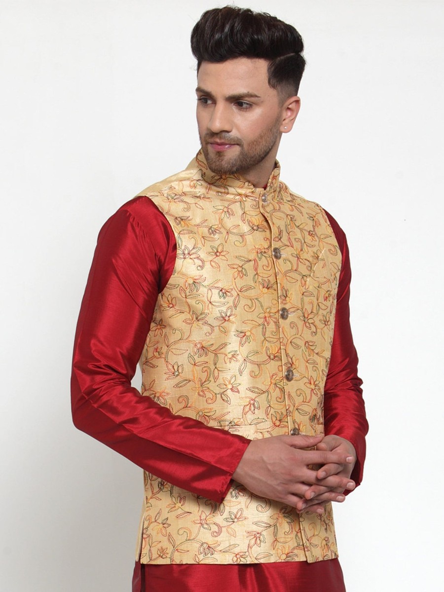 Men Virat Fashions | Men'S Gold Embroidered Nehru Jacket ( Jowc 4013Golden ) - Virat Fashions