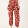 Women DECKEDUP | Women'S Flat-Front Pants And Off-White Printed Mid-Rise Cropped Ethnic Joggers - Deckedup Maroon