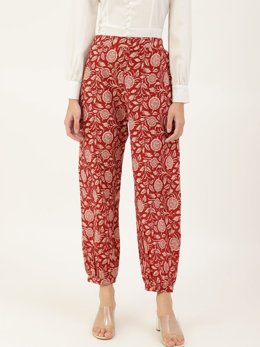 Women DECKEDUP | Women'S Flat-Front Pants And Off-White Printed Mid-Rise Cropped Ethnic Joggers - Deckedup Maroon