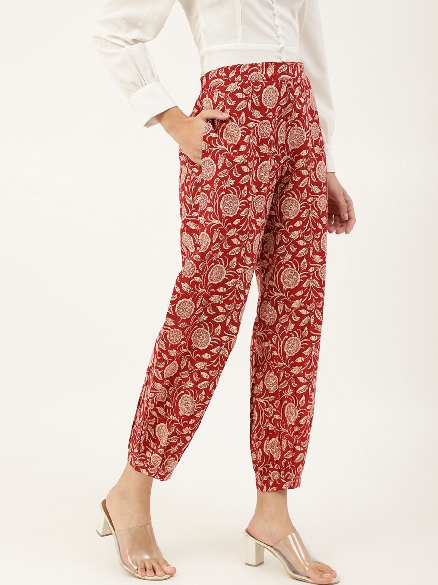 Women DECKEDUP | Women'S Flat-Front Pants And Off-White Printed Mid-Rise Cropped Ethnic Joggers - Deckedup Maroon