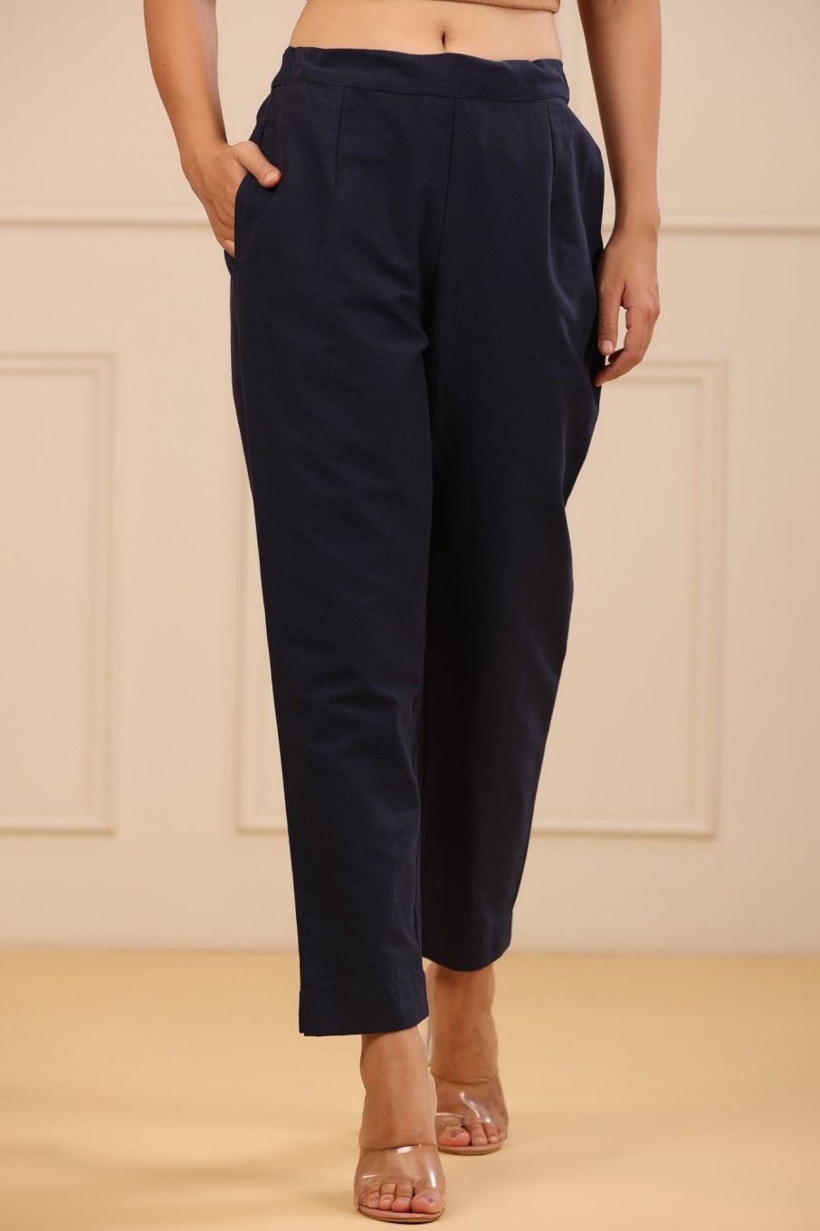 Women Juniper | Women'S Navy Cotton Twill Solid Straight Pant/Slim Pant - Juniper Blue