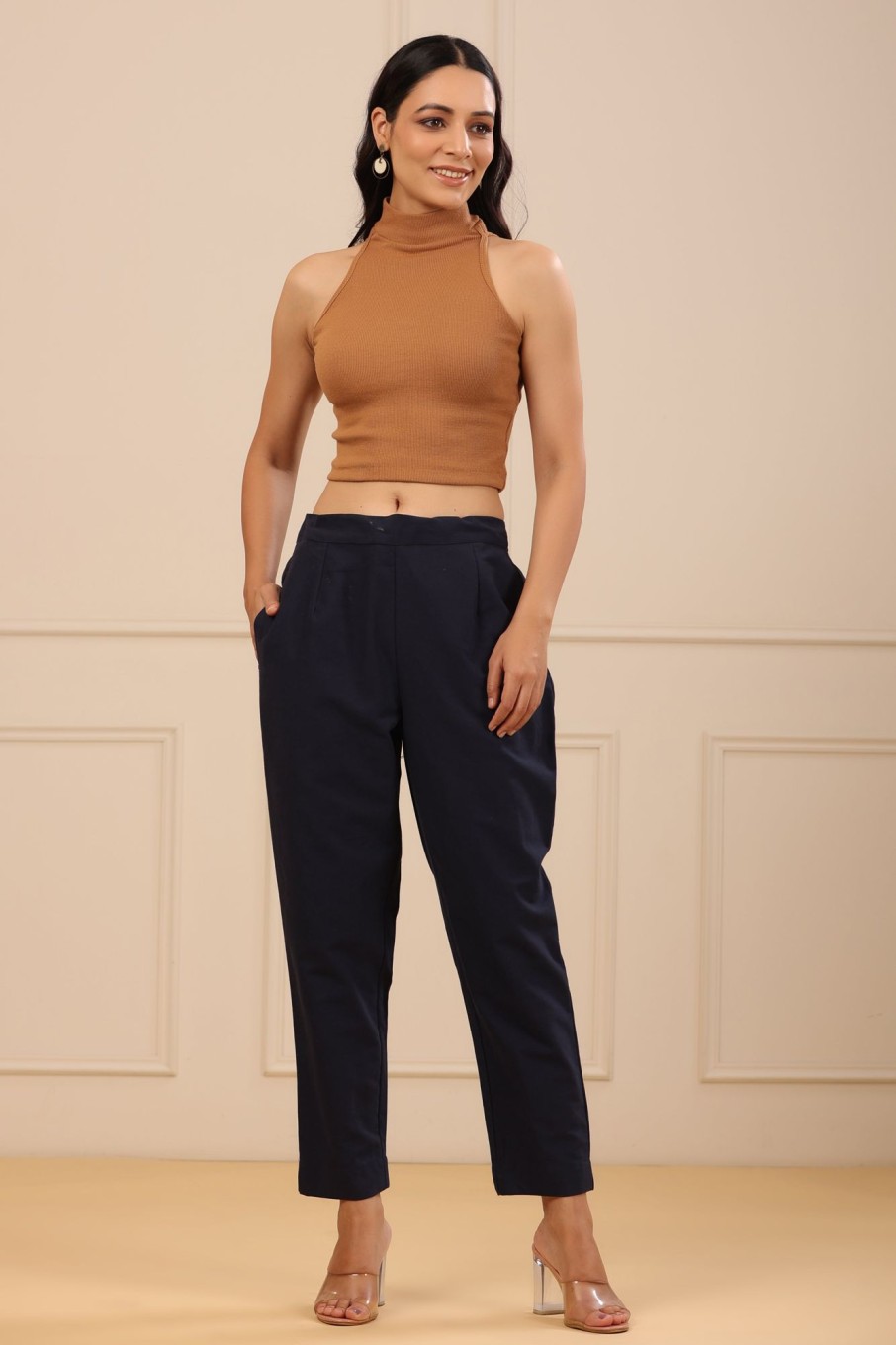 Women Juniper | Women'S Navy Cotton Twill Solid Straight Pant/Slim Pant - Juniper Blue