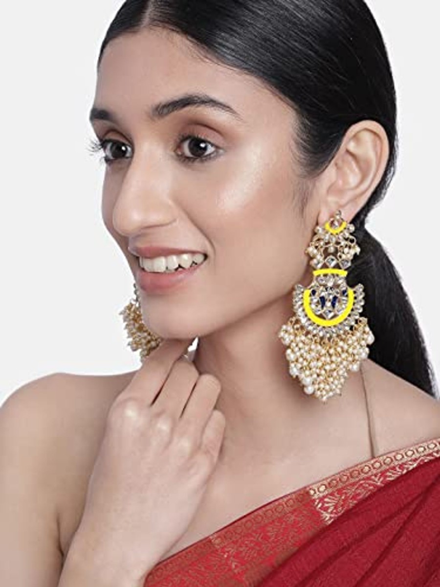 Jewellery I Jewels | Women'S 18K Gold Plated Traditional Handcrafted Meenakari Chandelier Earrings Glided With Pearl (E3008Y) - I Jewels Yellow