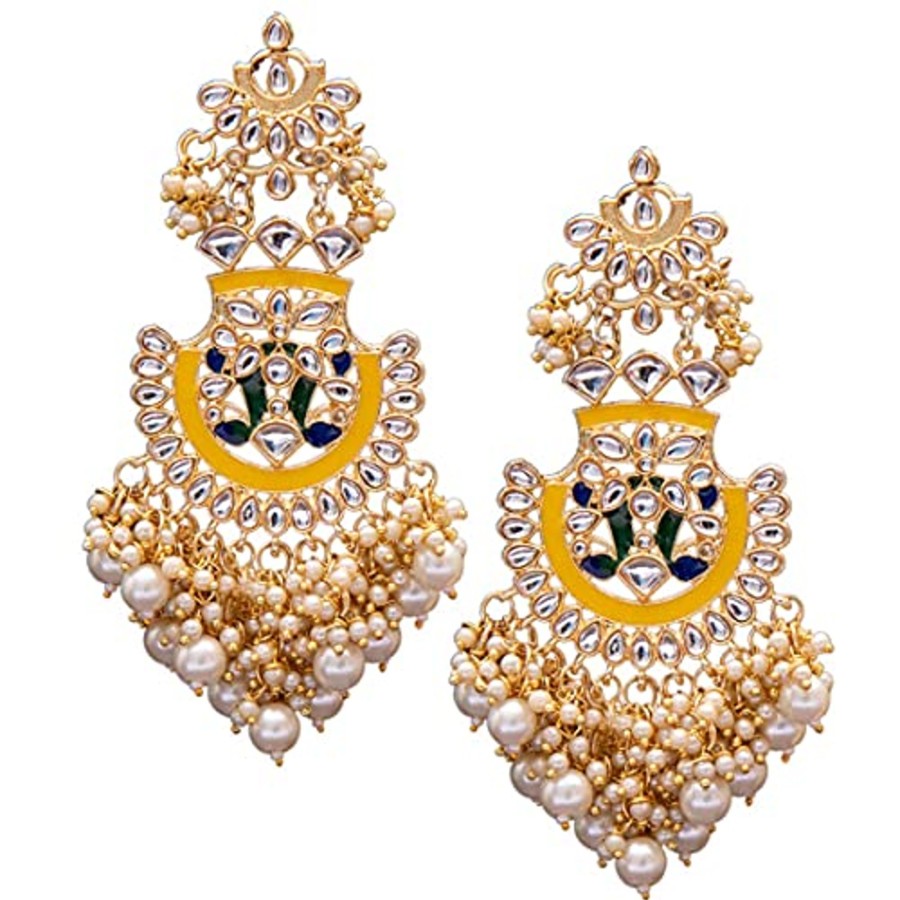 Jewellery I Jewels | Women'S 18K Gold Plated Traditional Handcrafted Meenakari Chandelier Earrings Glided With Pearl (E3008Y) - I Jewels Yellow