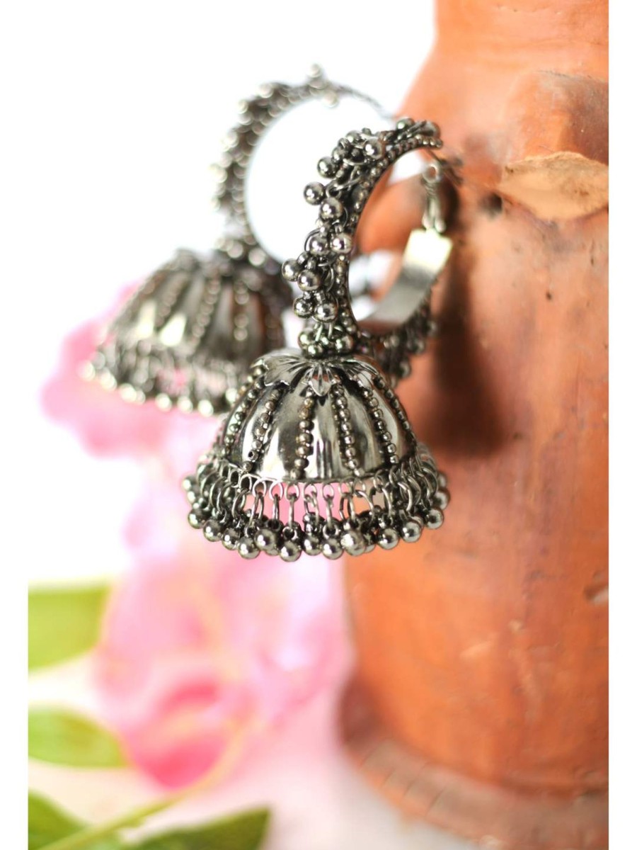 Jewellery Kamal Johar | Johar Kamal Oxidised Black-Plated With Ghungroo Earings Jhumka Jker_071