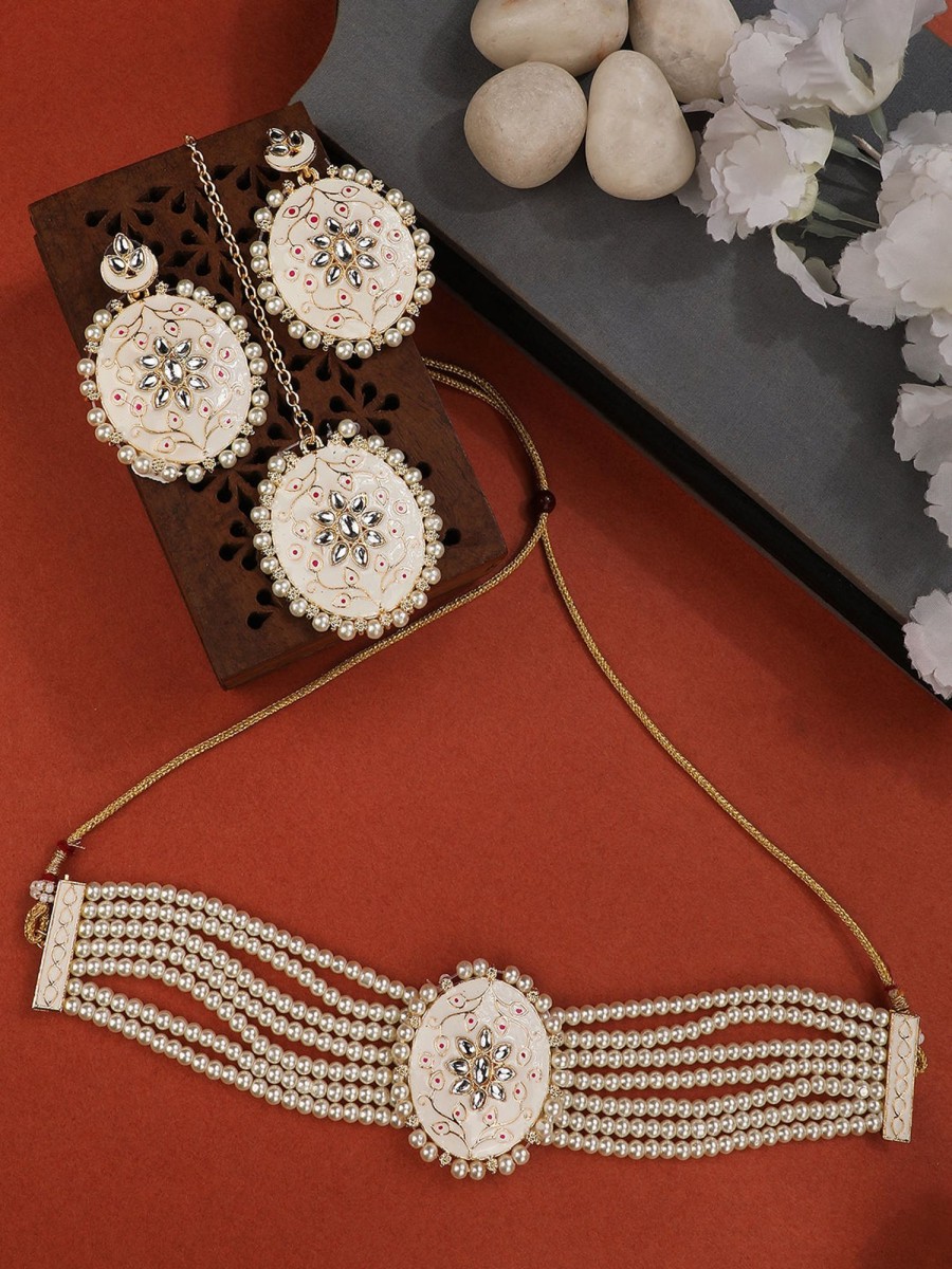 Jewellery Mode Mania | Women'S/Girls Traditonal Plated Enameled White Colored Oval Shaped Pearl Layeed Choker Set With Earrings And Maangtikka Set - Mode Mania Gold