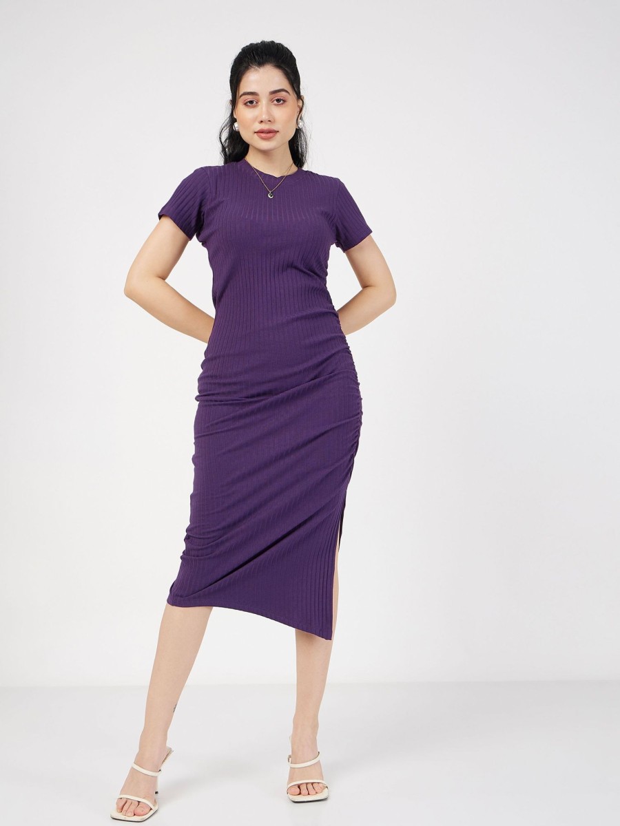 Women Lyush | Women'S Purple Rib Side Ruched Bodycon Maxi Dress - Lyush