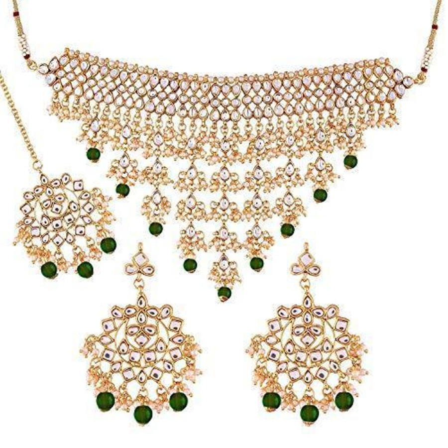 Jewellery I Jewels | Women'S Gold Plated Kundan U0026 Pearl Studded Choker Necklace Set With Earrings U0026 Maang Tikka - I Jewels Green