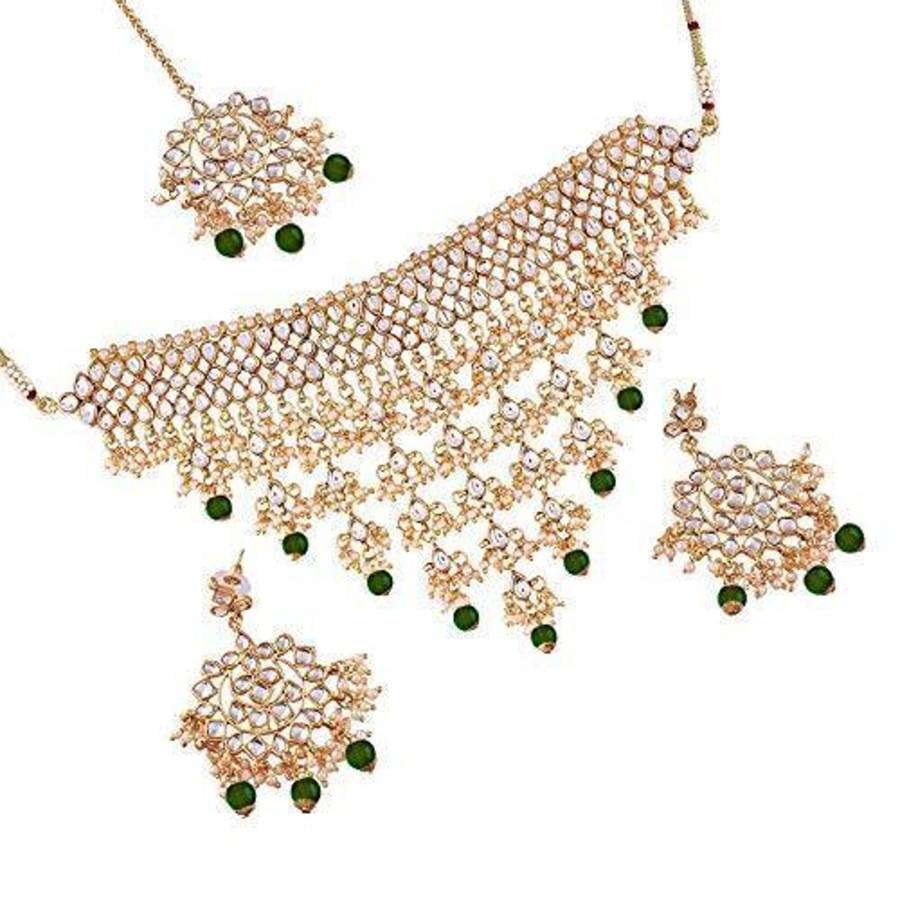 Jewellery I Jewels | Women'S Gold Plated Kundan U0026 Pearl Studded Choker Necklace Set With Earrings U0026 Maang Tikka - I Jewels Green