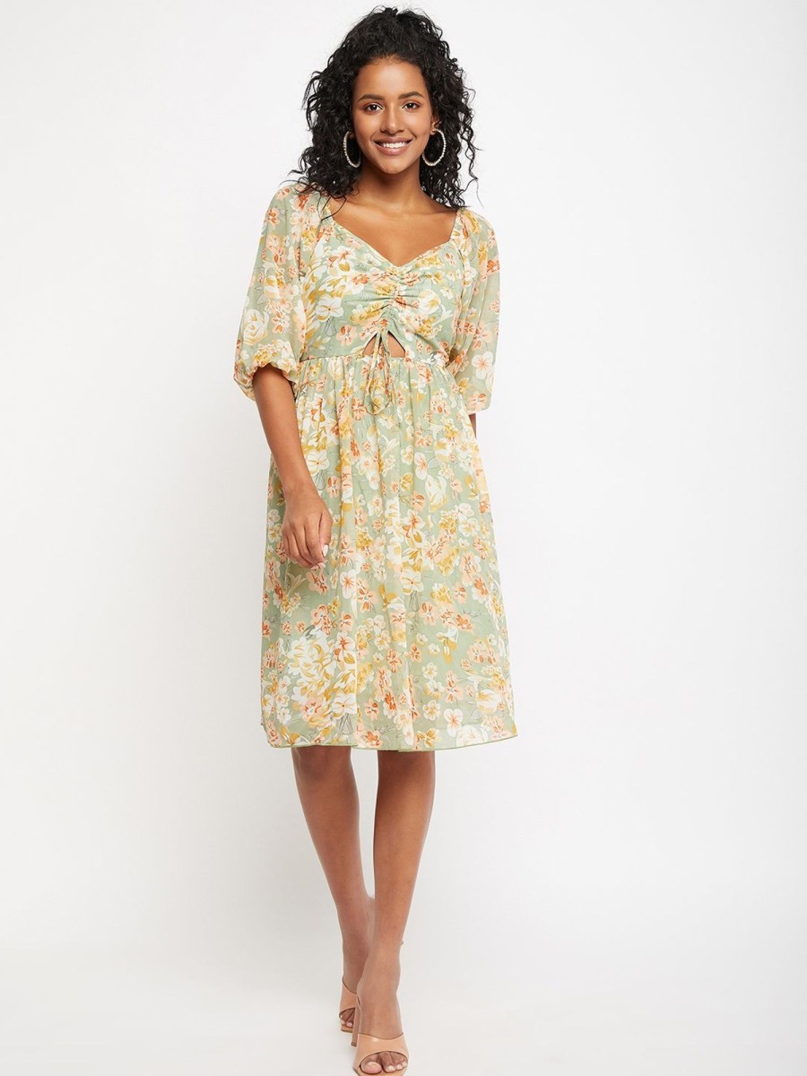 Women BitterLime | Women'S Printed Ruched String - Tie Dress - Bitterlime Green