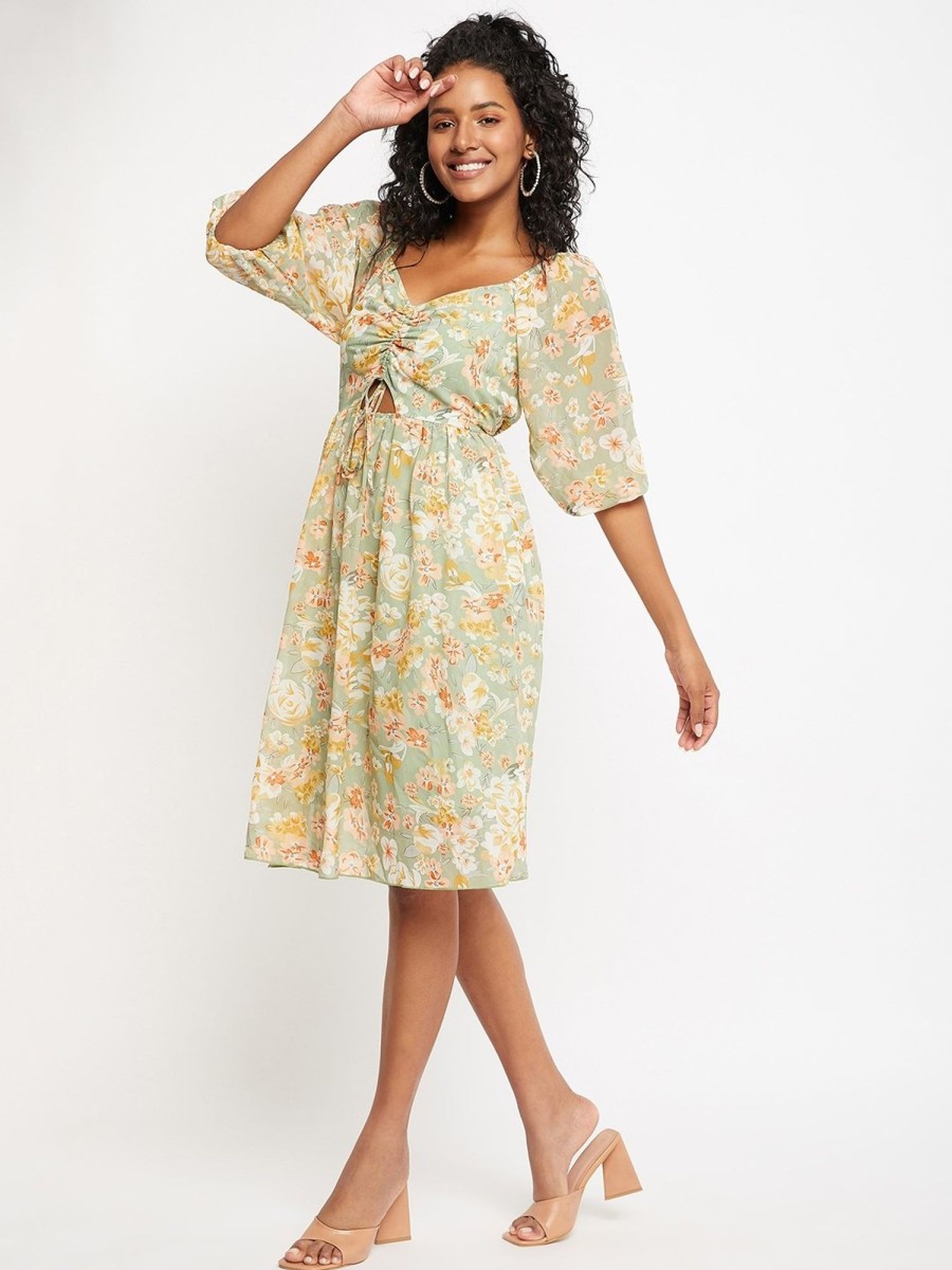 Women BitterLime | Women'S Printed Ruched String - Tie Dress - Bitterlime Green