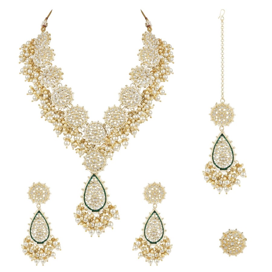 Jewellery I Jewels | Women'S 18K Gold Plated Traditional Pearl Kundan Studded Meenakari Floral Necklace With Earring Maang Tikka U0026 Finger Ring Set - I Jewels Green