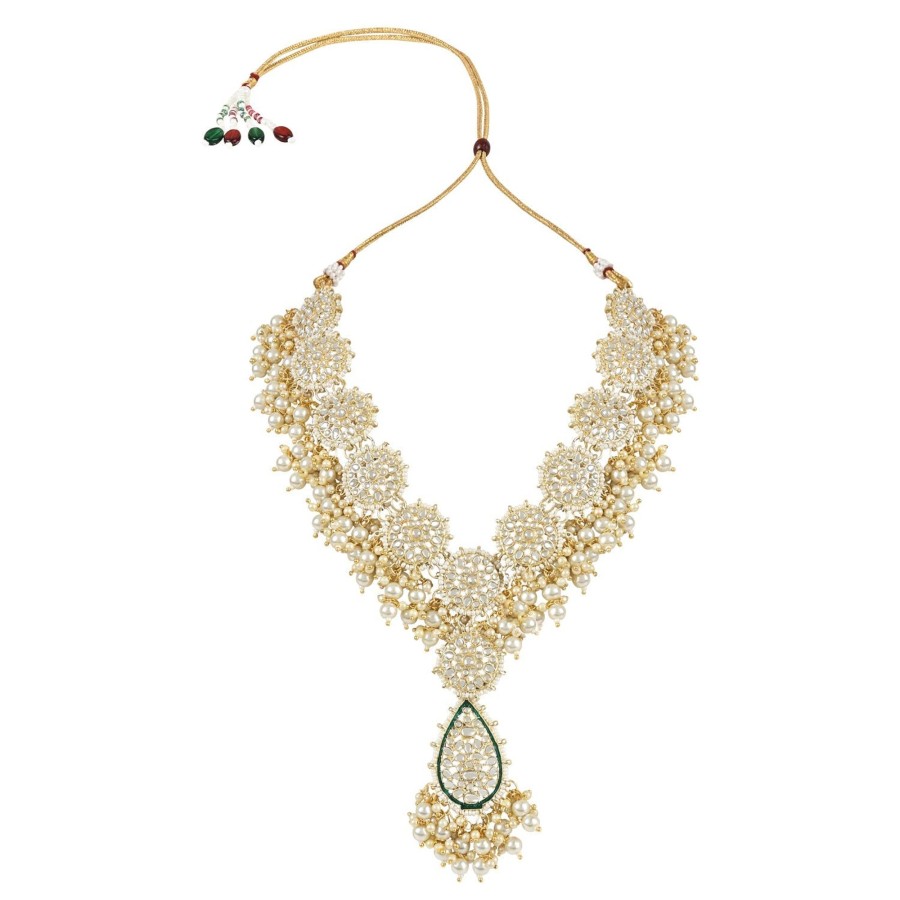 Jewellery I Jewels | Women'S 18K Gold Plated Traditional Pearl Kundan Studded Meenakari Floral Necklace With Earring Maang Tikka U0026 Finger Ring Set - I Jewels Green