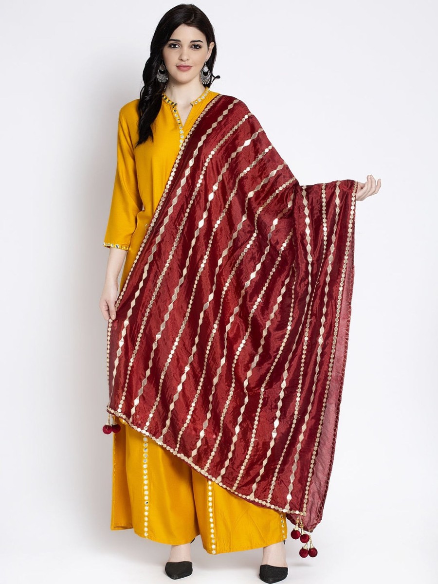 Women Wahe-NOOR | Women'S Maroon Gotta Patti Poly Silk Dupatta - Wahe-Noor