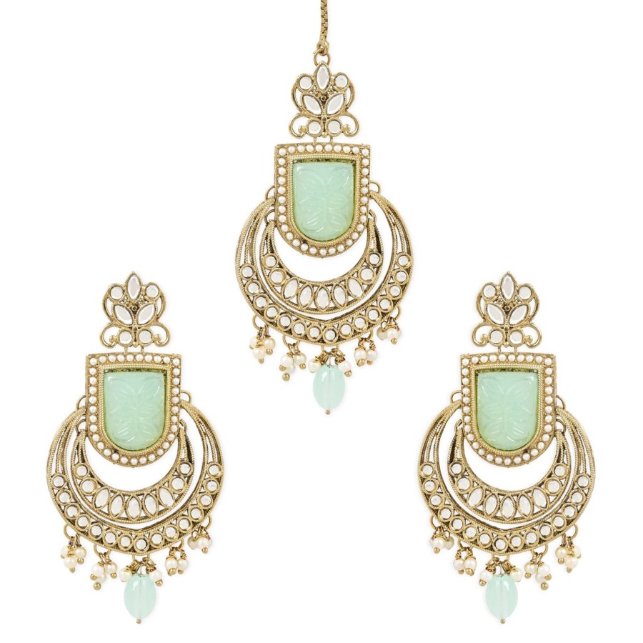 Jewellery I Jewels | Women'S Traditional Kundan Pearl With Meena Work Chandbali Earrings With Maang Tikka Set - I Jewels Green