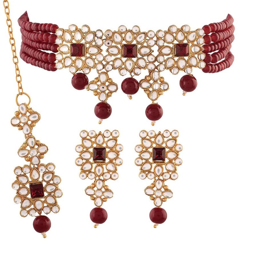 Jewellery I Jewels | Women'S Gold Plated Pearl U0026 Kundan Studded Choker Necklace Set With Earrings U0026 Maang Tikka - I Jewels Maroon