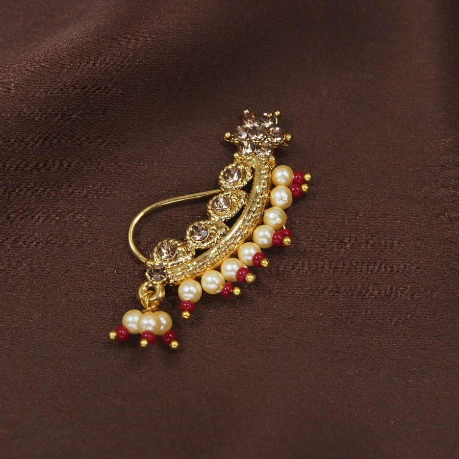 Jewellery I Jewels | Nose Pin Marathi Style Gold Finish With Pearls By I Jewels