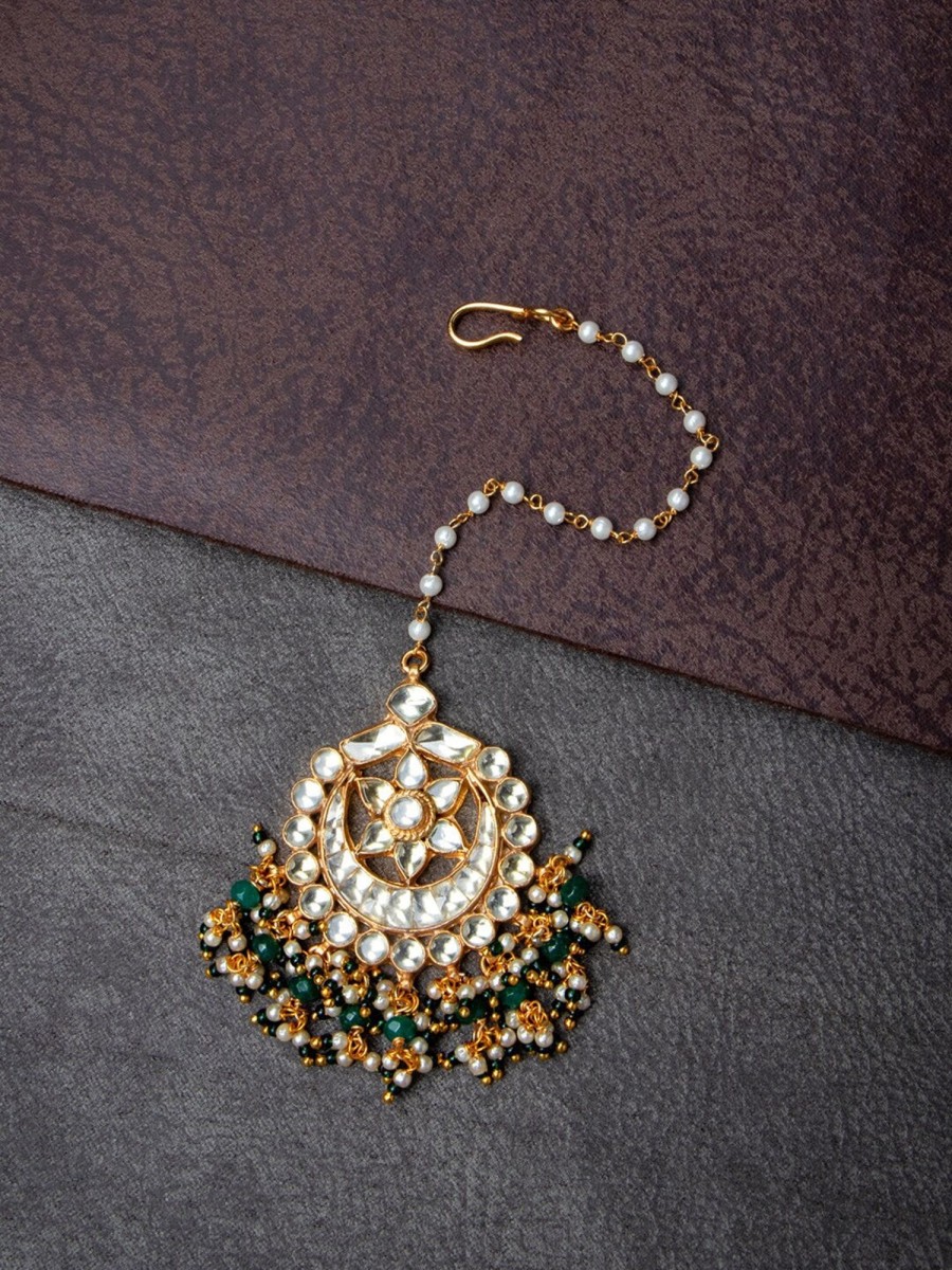 Jewellery Morkanth | Women'S Gold-Plated White U0026 Green Kundan-Studded Beaded Maang Tikka - Morkanth