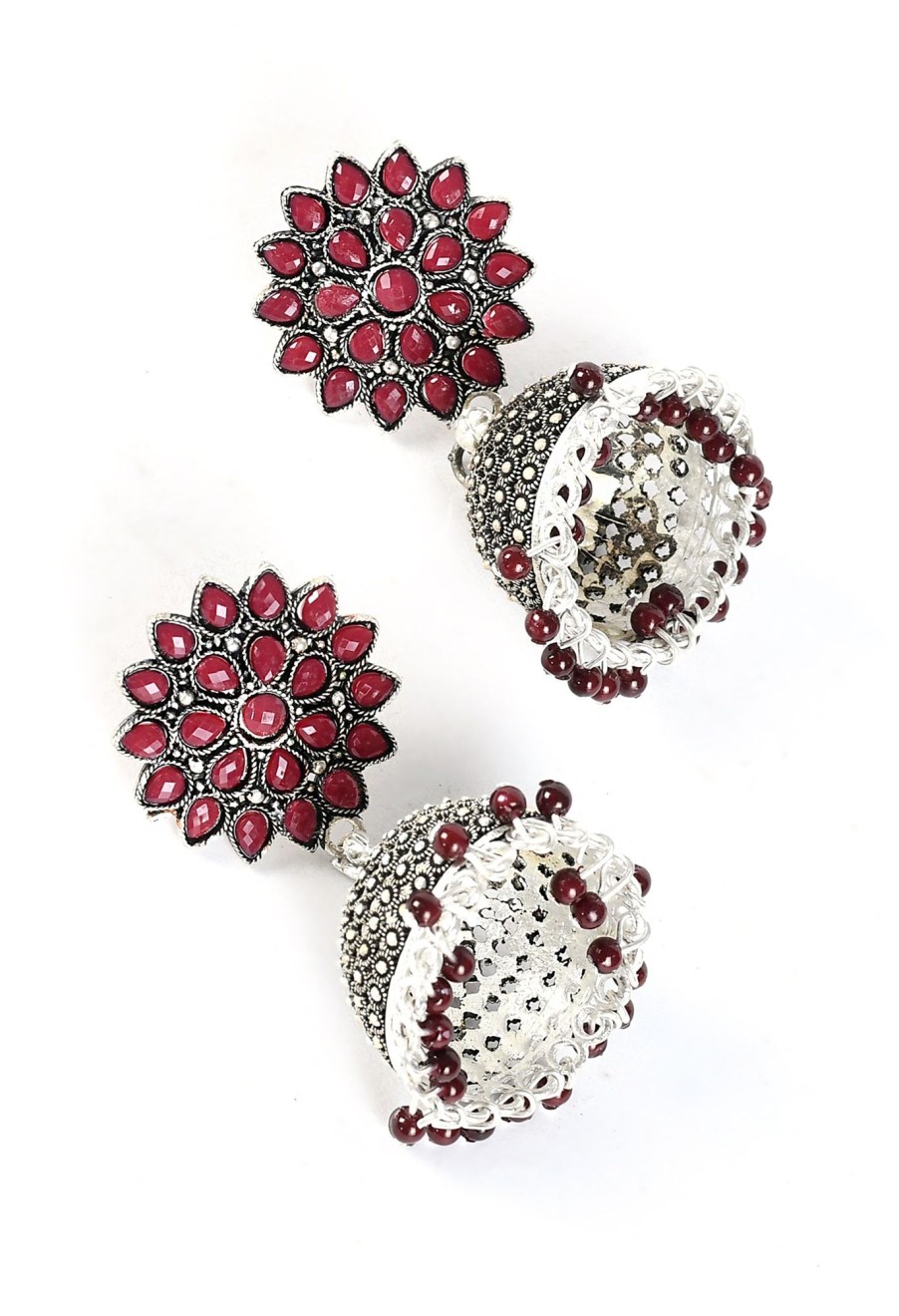 Jewellery Tehzeeb | Women'S Silver Colour Earrings With Maroon Colour Pearl - Tehzeeb