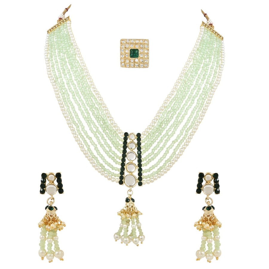 Jewellery I Jewels | Women'S Gold Plated Traditional Kundan U0026 Stones Studded Mint Onyx Beads Multistrand Necklace With Earrings, Maang Tikka U0026 Finger Ring Set - I Jewels Green