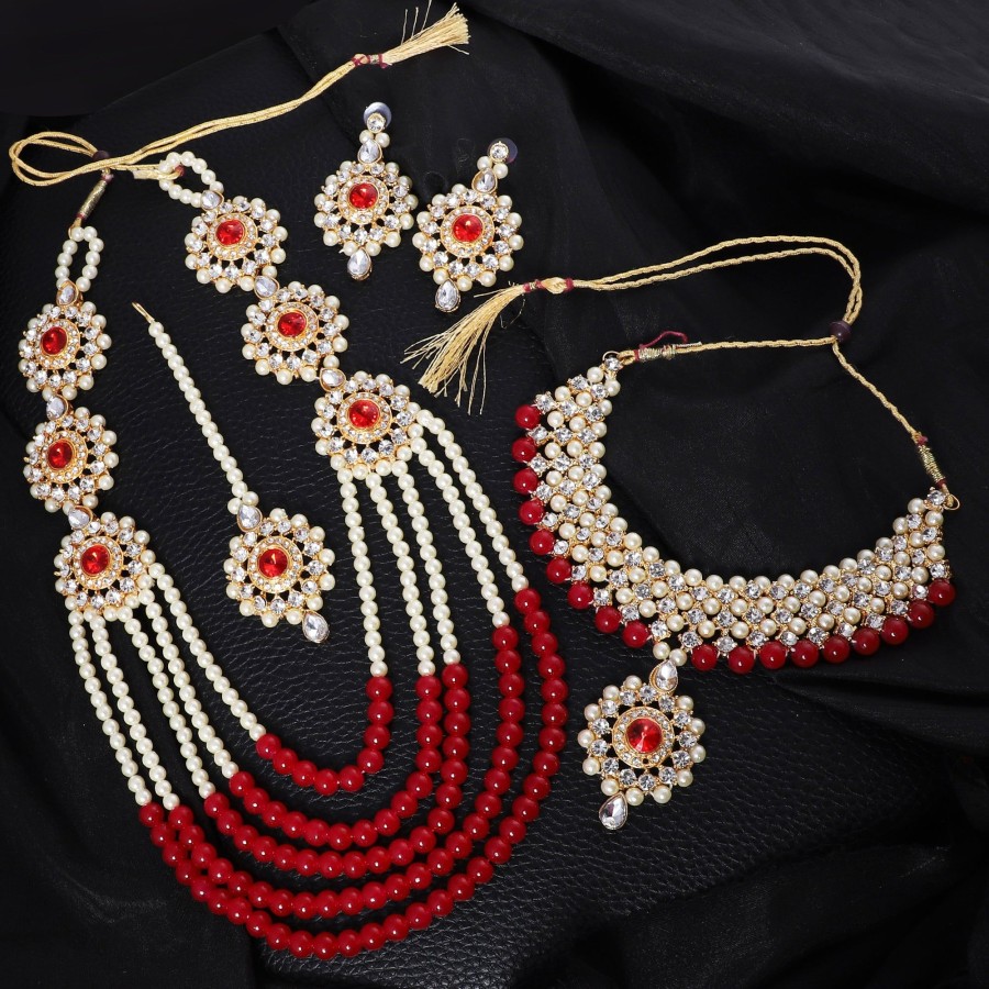 Jewellery Zaffre Collections | Women'S/Girl'S Beautiful Crystal And Pearl Necklace Choker Combo Set With Maang Tikka - Zaffre Collections Red