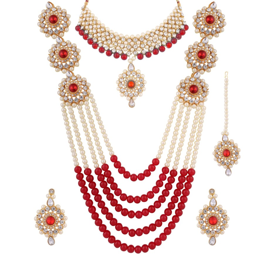 Jewellery Zaffre Collections | Women'S/Girl'S Beautiful Crystal And Pearl Necklace Choker Combo Set With Maang Tikka - Zaffre Collections Red