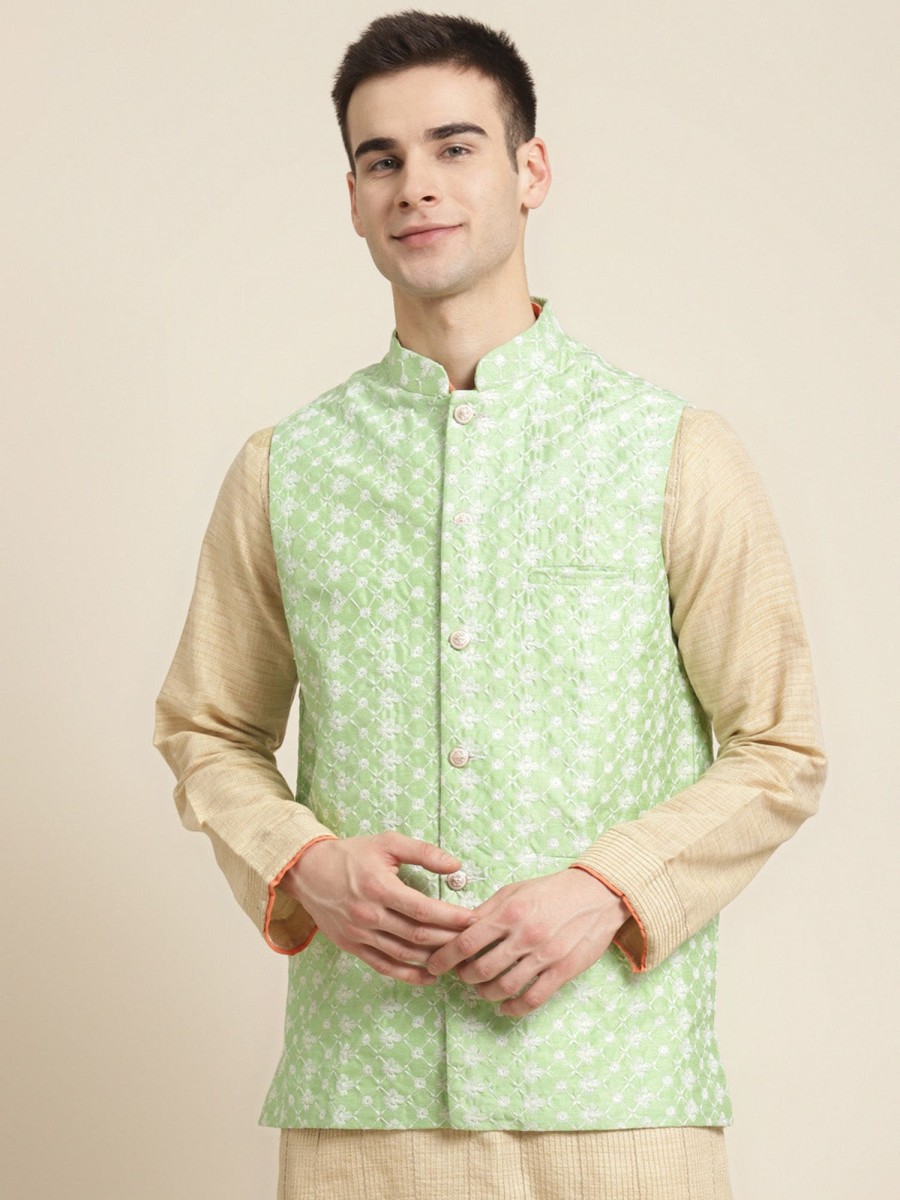 Men Sojanya | Men'S Silk Blend Light Embroidered Only Nehrujacket - Sojanya Green