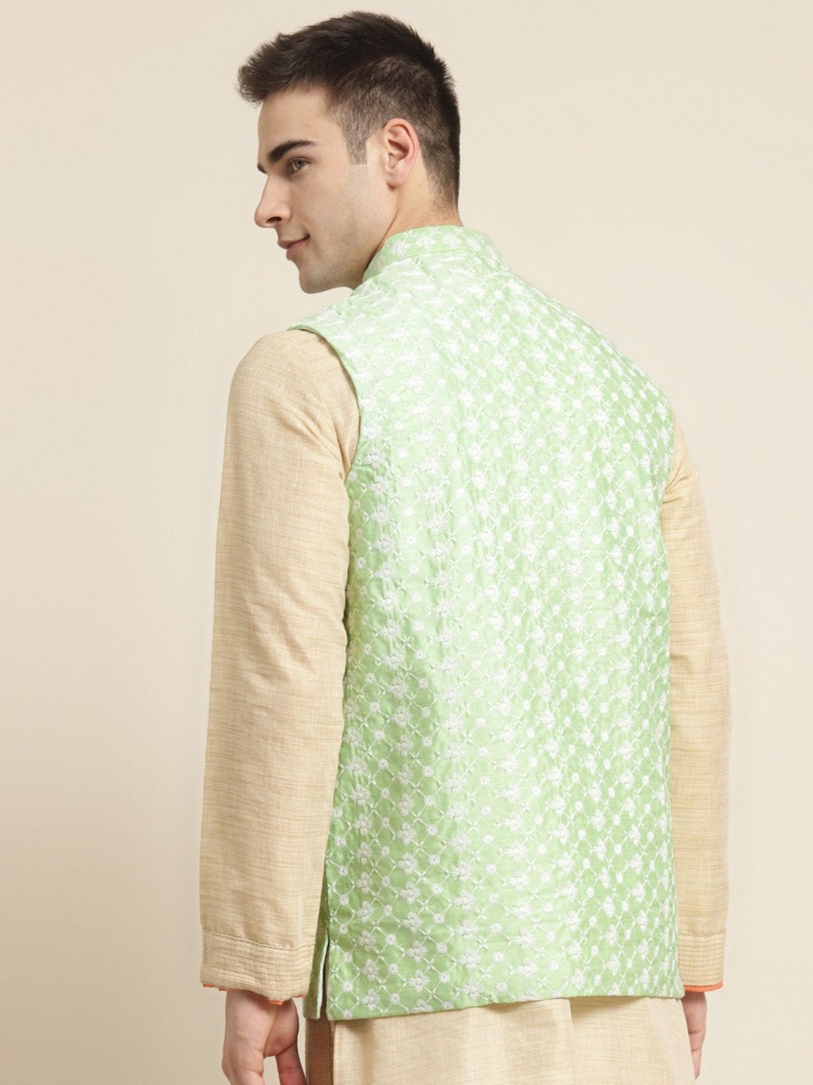 Men Sojanya | Men'S Silk Blend Light Embroidered Only Nehrujacket - Sojanya Green