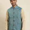 Men Sojanya | Men'S Jacquard Silk Peacock Self Design Only Nehrujacket - Sojanya Blue