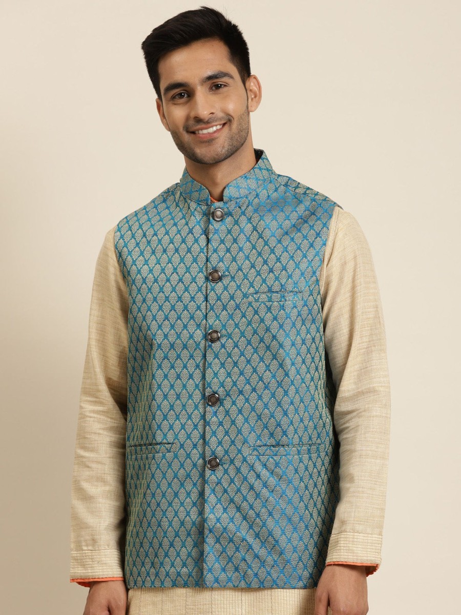 Men Sojanya | Men'S Jacquard Silk Peacock Self Design Only Nehrujacket - Sojanya Blue