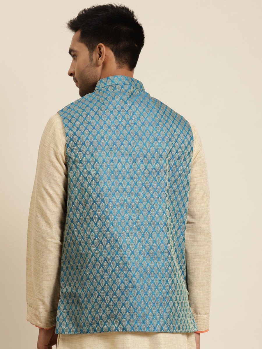 Men Sojanya | Men'S Jacquard Silk Peacock Self Design Only Nehrujacket - Sojanya Blue