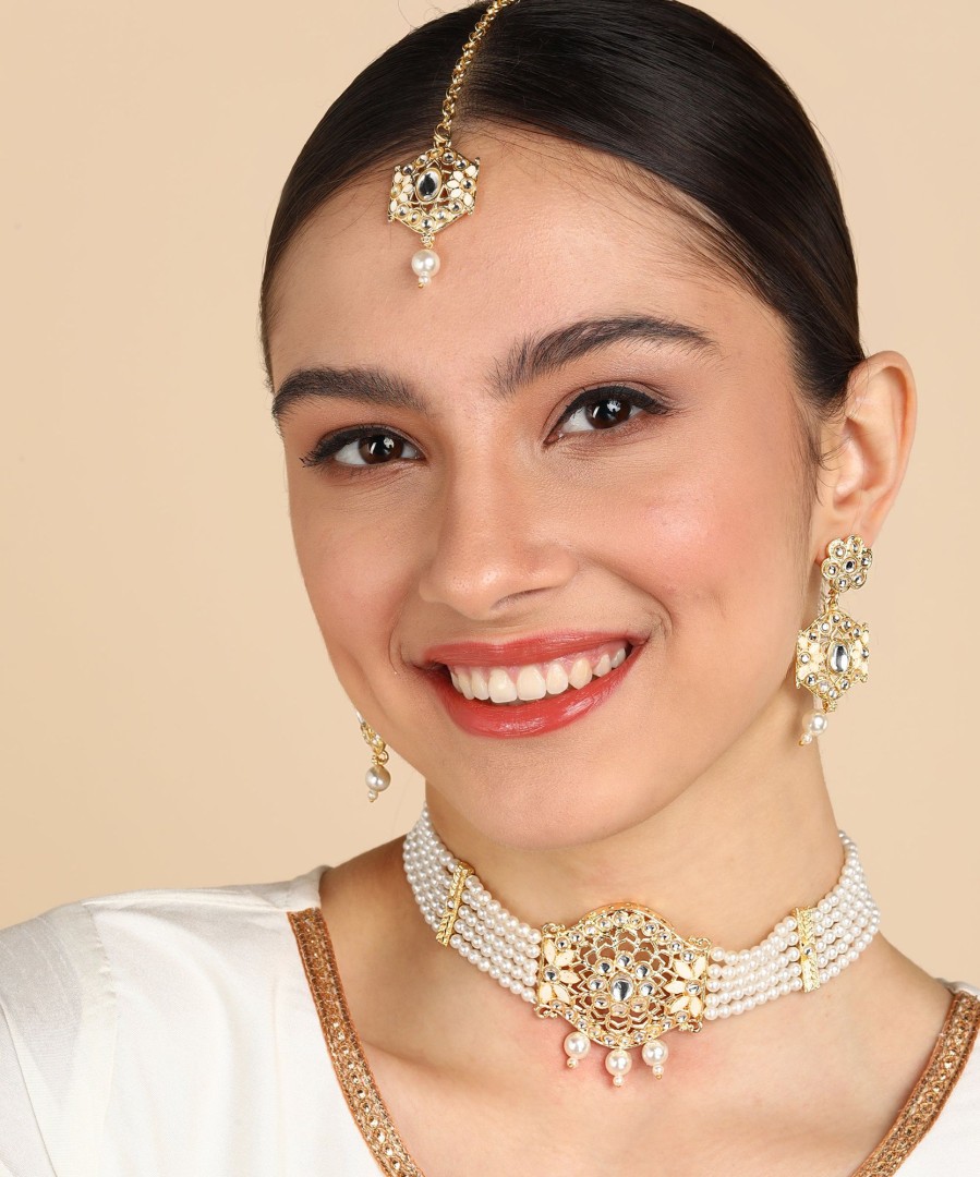 Jewellery Zaffre Collections | Women'S/Girl'S Choker Set With Maang Tikka And Meena - Zaffre Collections White