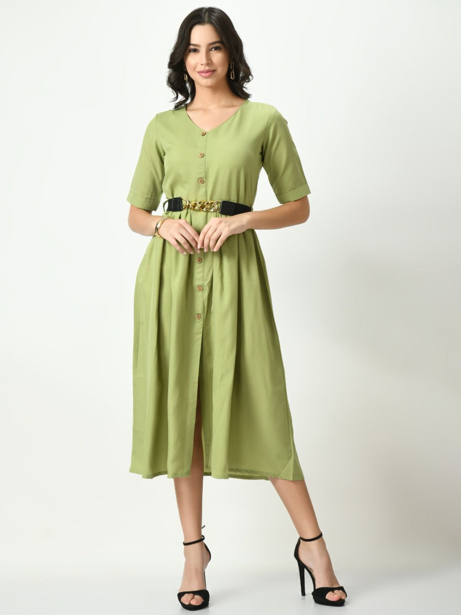 Women NOZ2TOZ | Women'S Olive Stylish Midi Dress For - Noz2Toz Green