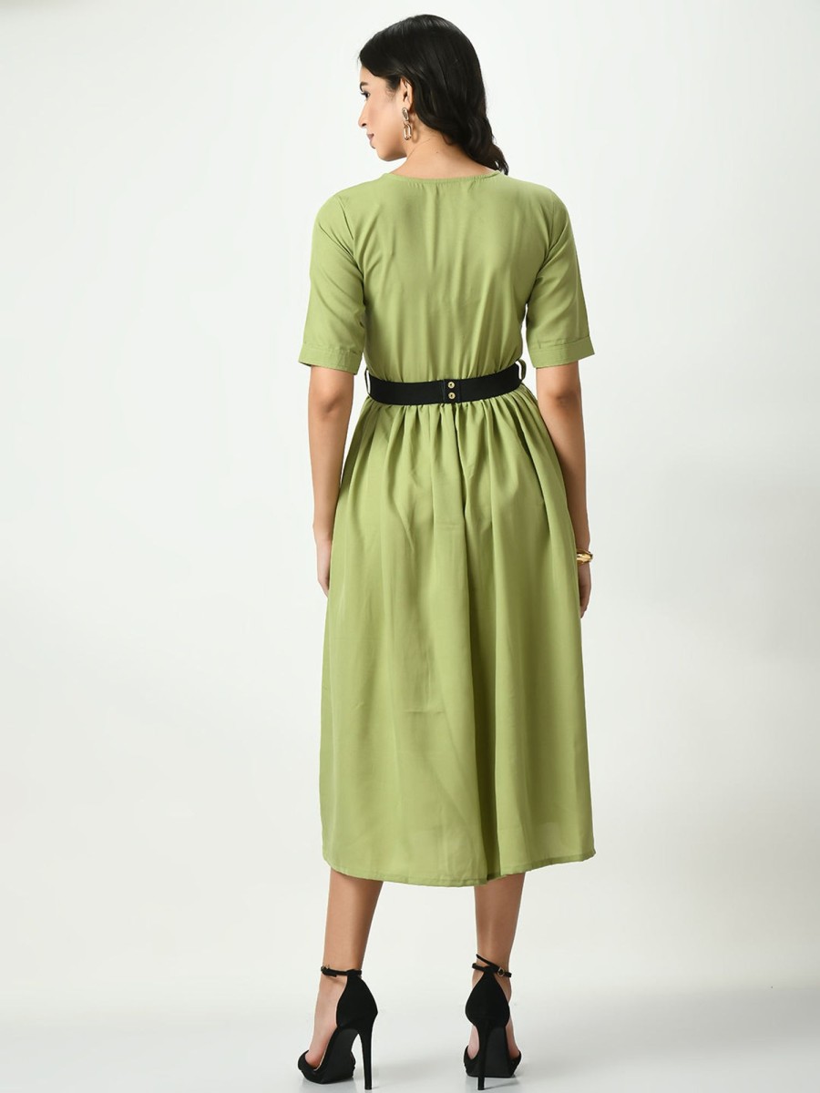 Women NOZ2TOZ | Women'S Olive Stylish Midi Dress For - Noz2Toz Green