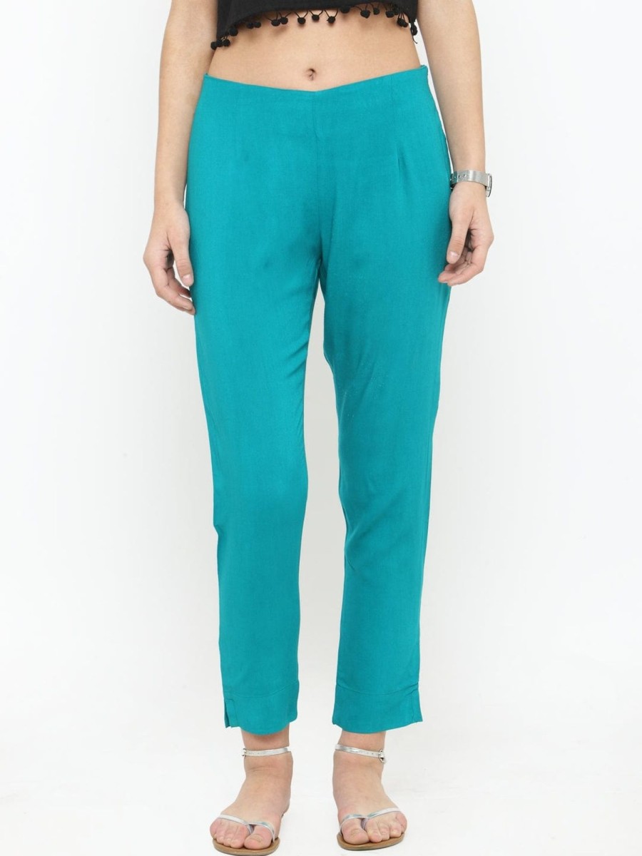 Women Varanga | Women'S Turquoise Blue Straight Fit Solid Regular Trousers - Varanga