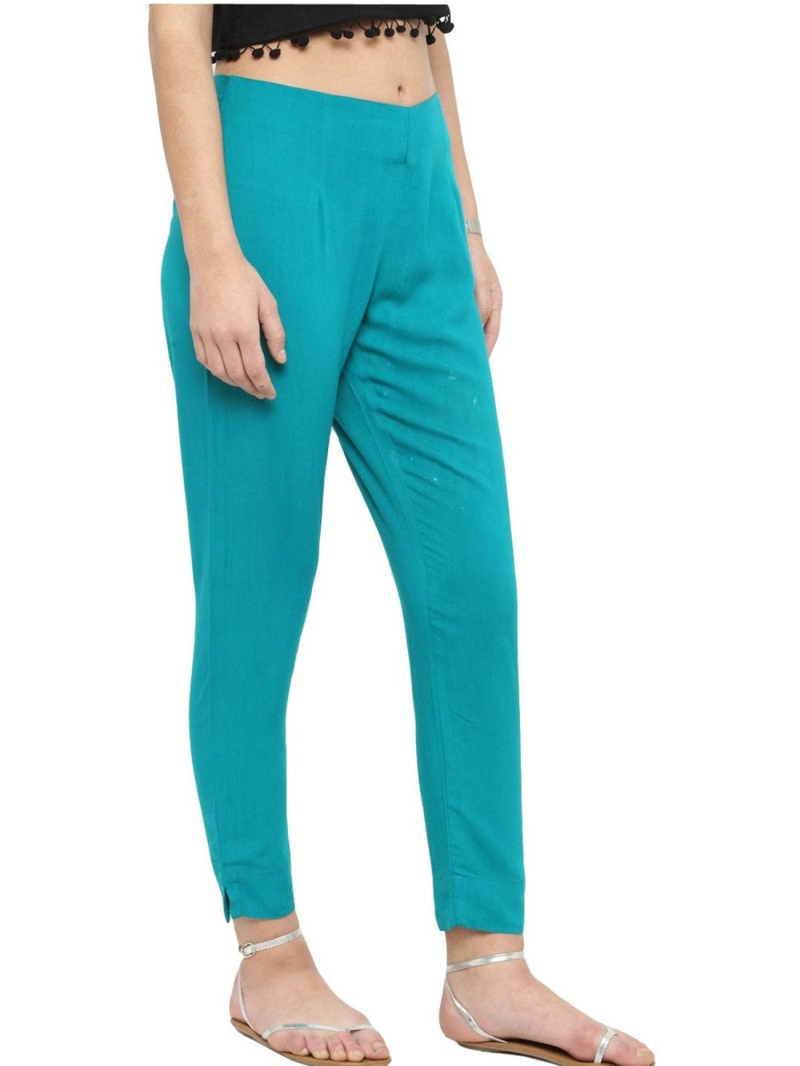 Women Varanga | Women'S Turquoise Blue Straight Fit Solid Regular Trousers - Varanga