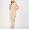 Women Lyush | Women'S Beige Rib Side Ruched Bodycon Maxi Dress - Lyush