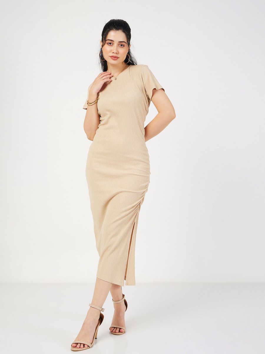 Women Lyush | Women'S Beige Rib Side Ruched Bodycon Maxi Dress - Lyush