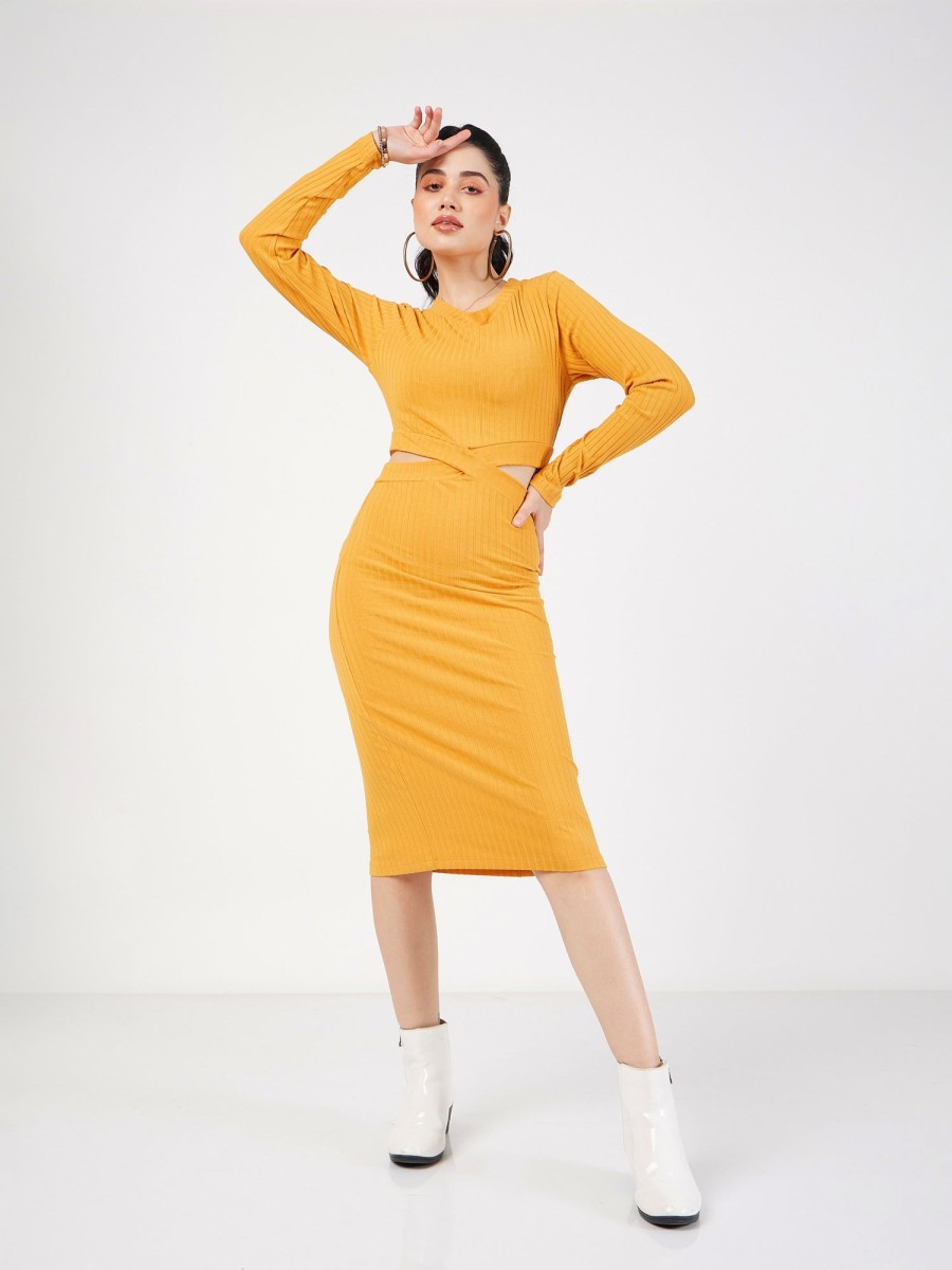 Women Lyush | Women'S Yellow Rib Side Cut-Out Midi Dress - Lyush