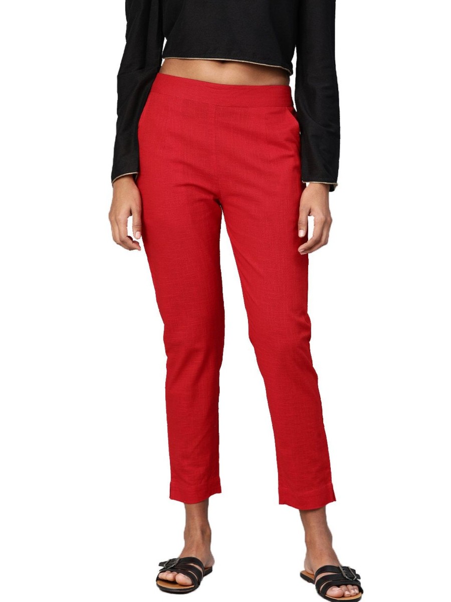 Women Wahe-NOOR | Women'S Red Cotton Trouser - Wahenoor