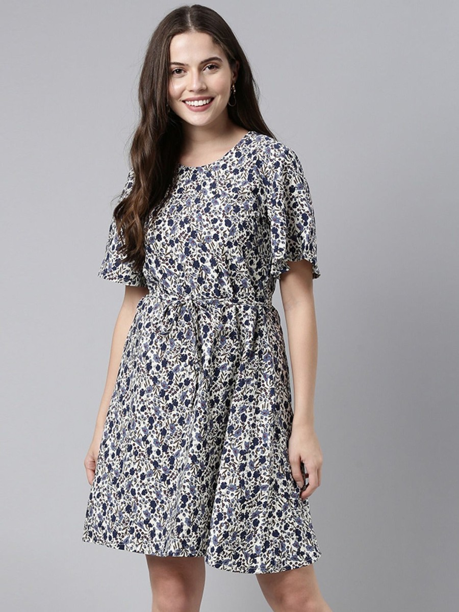 Women Ahika | Women'S Polyester Floral Printed Dress - Ahika White