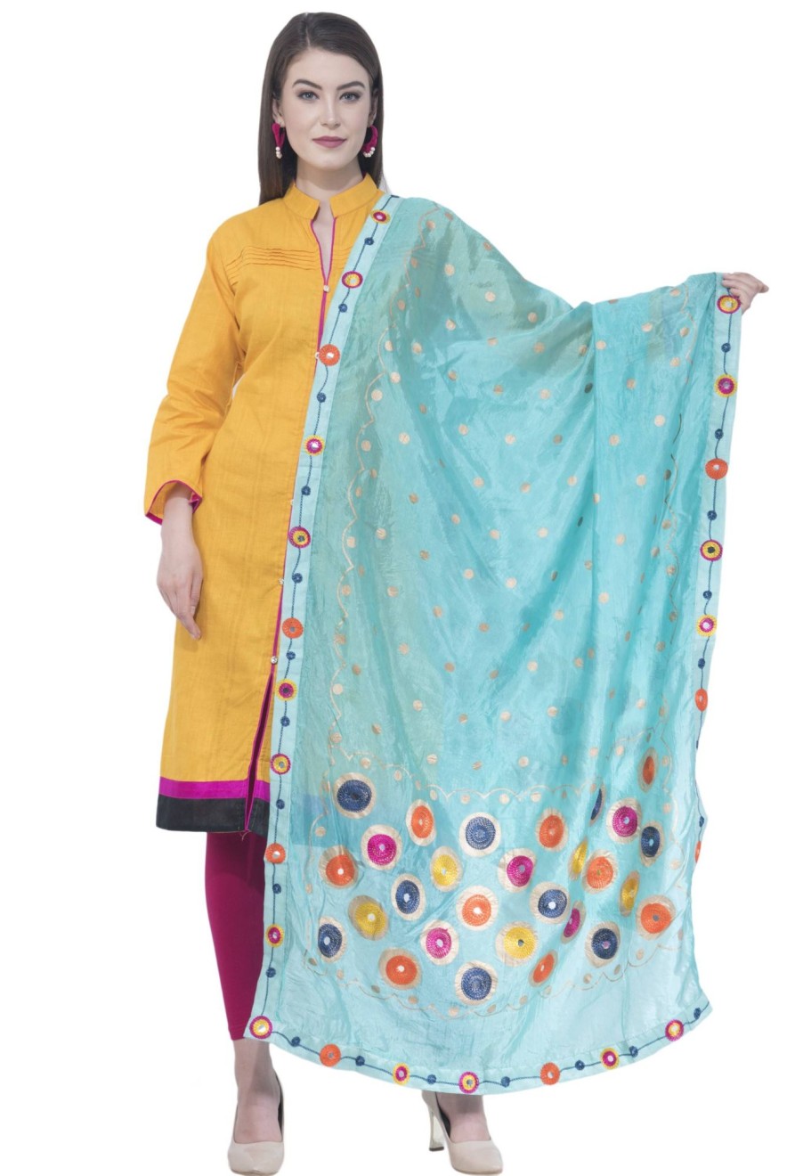 Women AR Silks | A R Silk Color Silk Multi Rasgulla Dupattas And Chunnis Light Firozi