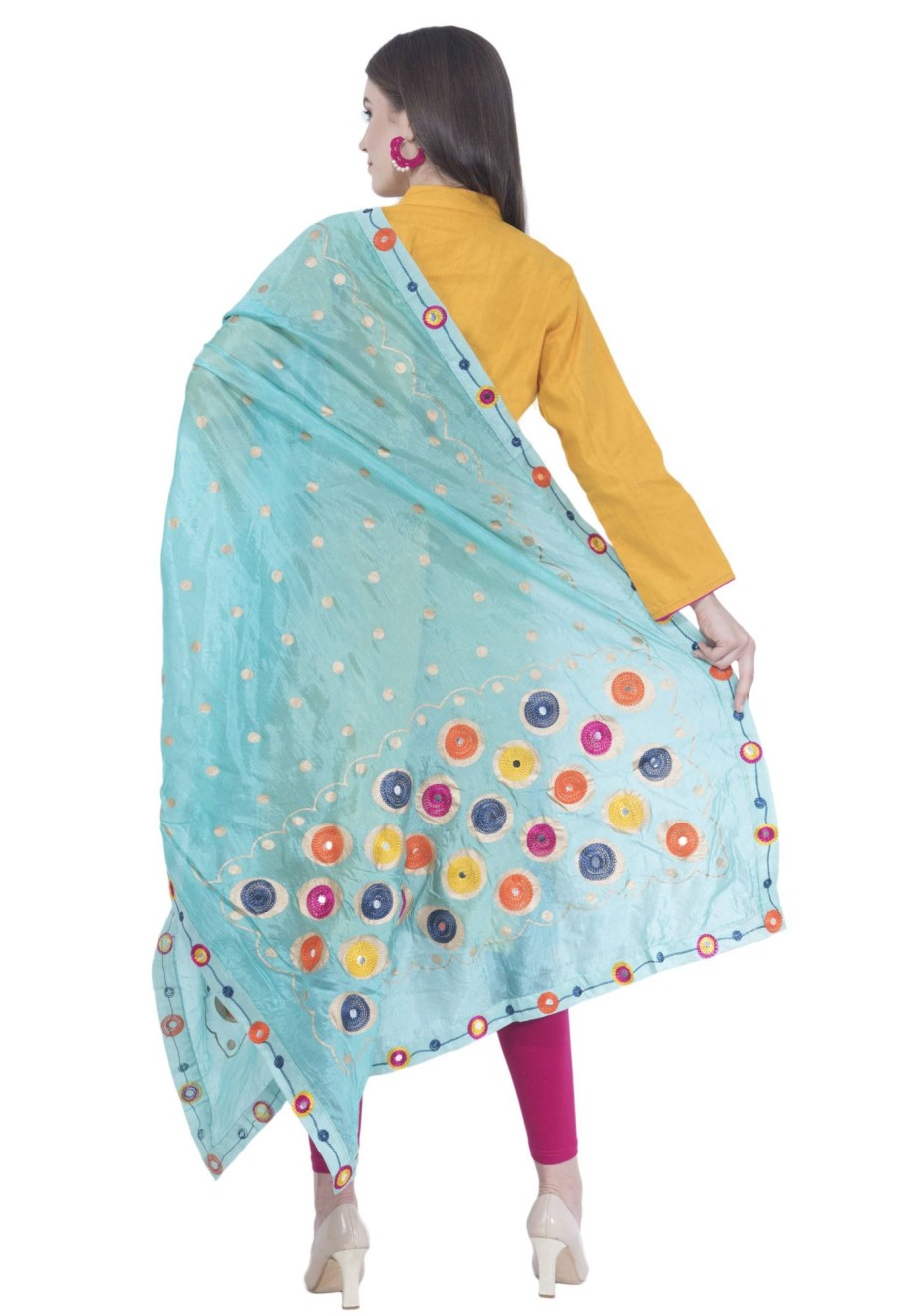 Women AR Silks | A R Silk Color Silk Multi Rasgulla Dupattas And Chunnis Light Firozi